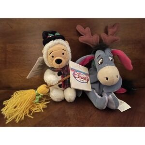 Disney Store - Mini Bean Bag Plush - Snowman Pooh 8" and Reindeer Eeyore 9"